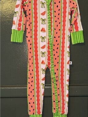 BAMBOO Watermelon Print Footie Pajamas in Pink & Green